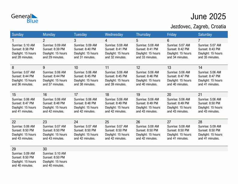 Jezdovec June 2025 sunrise and sunset calendar in PDF, Excel, and Word