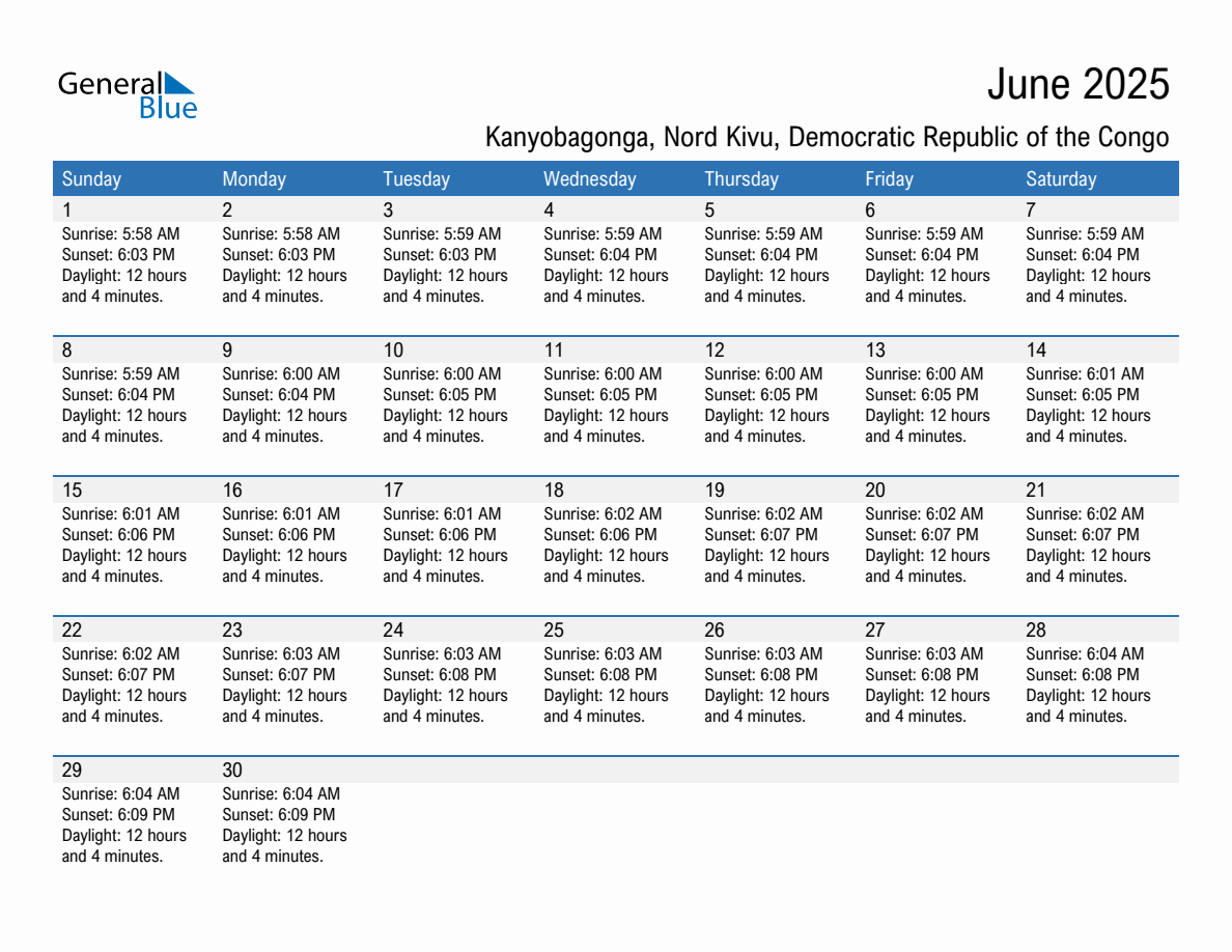June 2025 sunrise and sunset calendar for Kanyobagonga