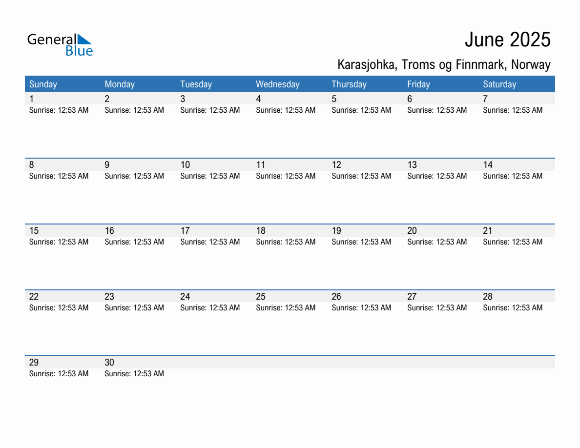 June 2025 sunrise and sunset calendar for Karasjohka