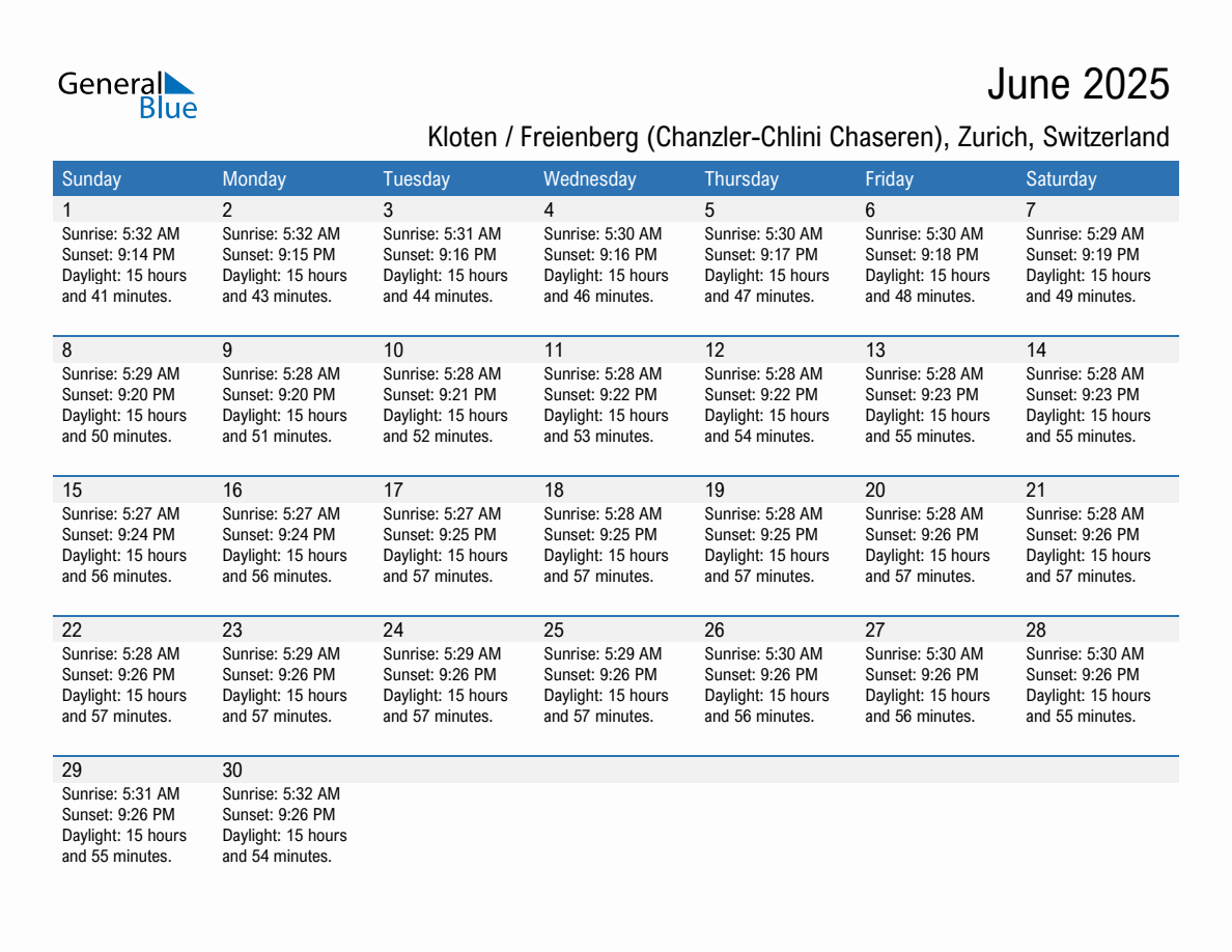 June 2025 sunrise and sunset calendar for Kloten / Freienberg (Chanzler-Chlini Chaseren)