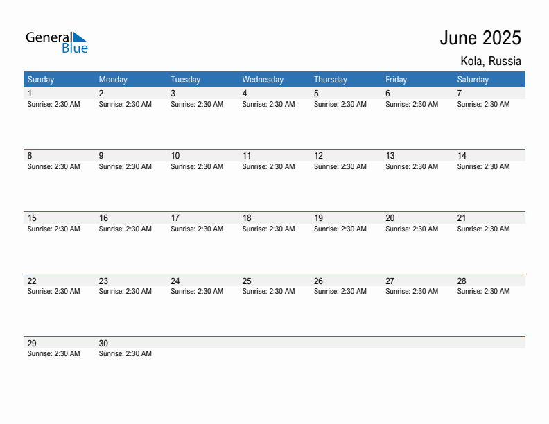 Kola June 2025 sunrise and sunset calendar in PDF, Excel, and Word