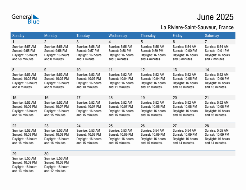 La Riviere-Saint-Sauveur June 2025 sunrise and sunset calendar in PDF, Excel, and Word
