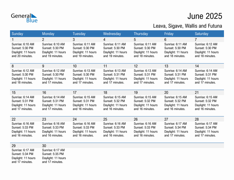 Leava June 2025 sunrise and sunset calendar in PDF, Excel, and Word