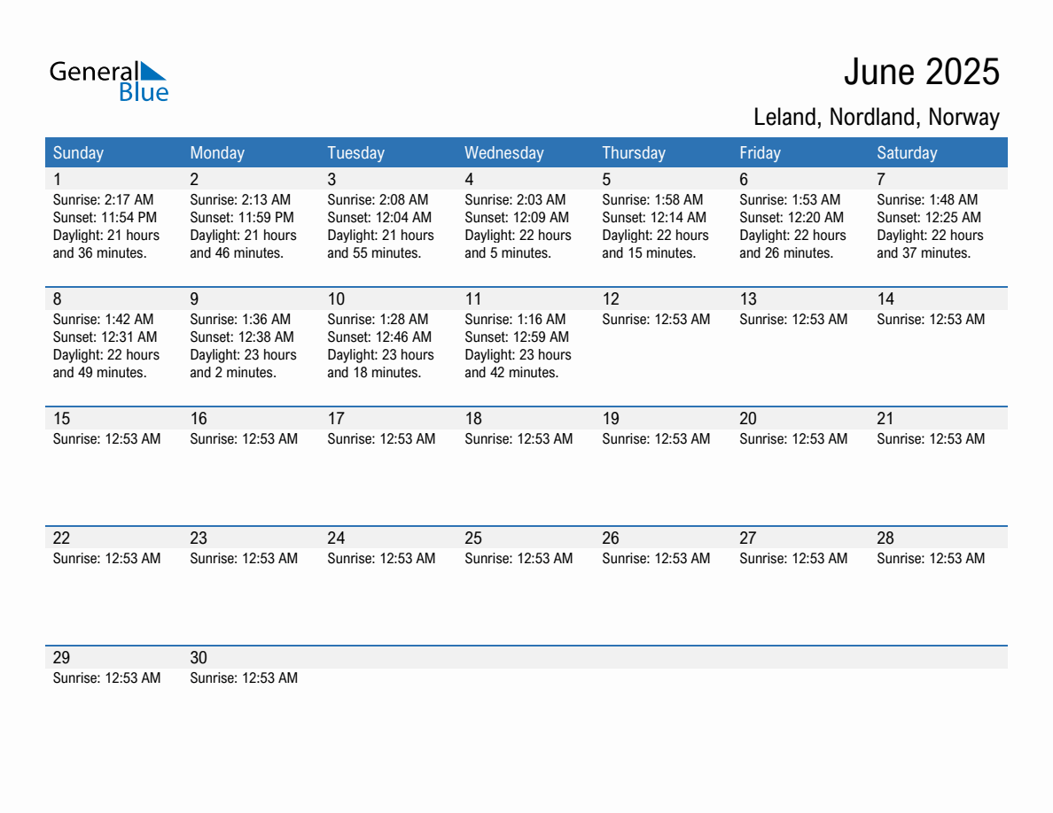 June 2025 sunrise and sunset calendar for Leland