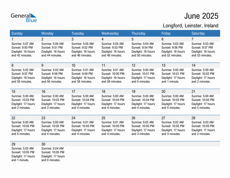 Longford June 2025 sunrise and sunset calendar in PDF, Excel, and Word
