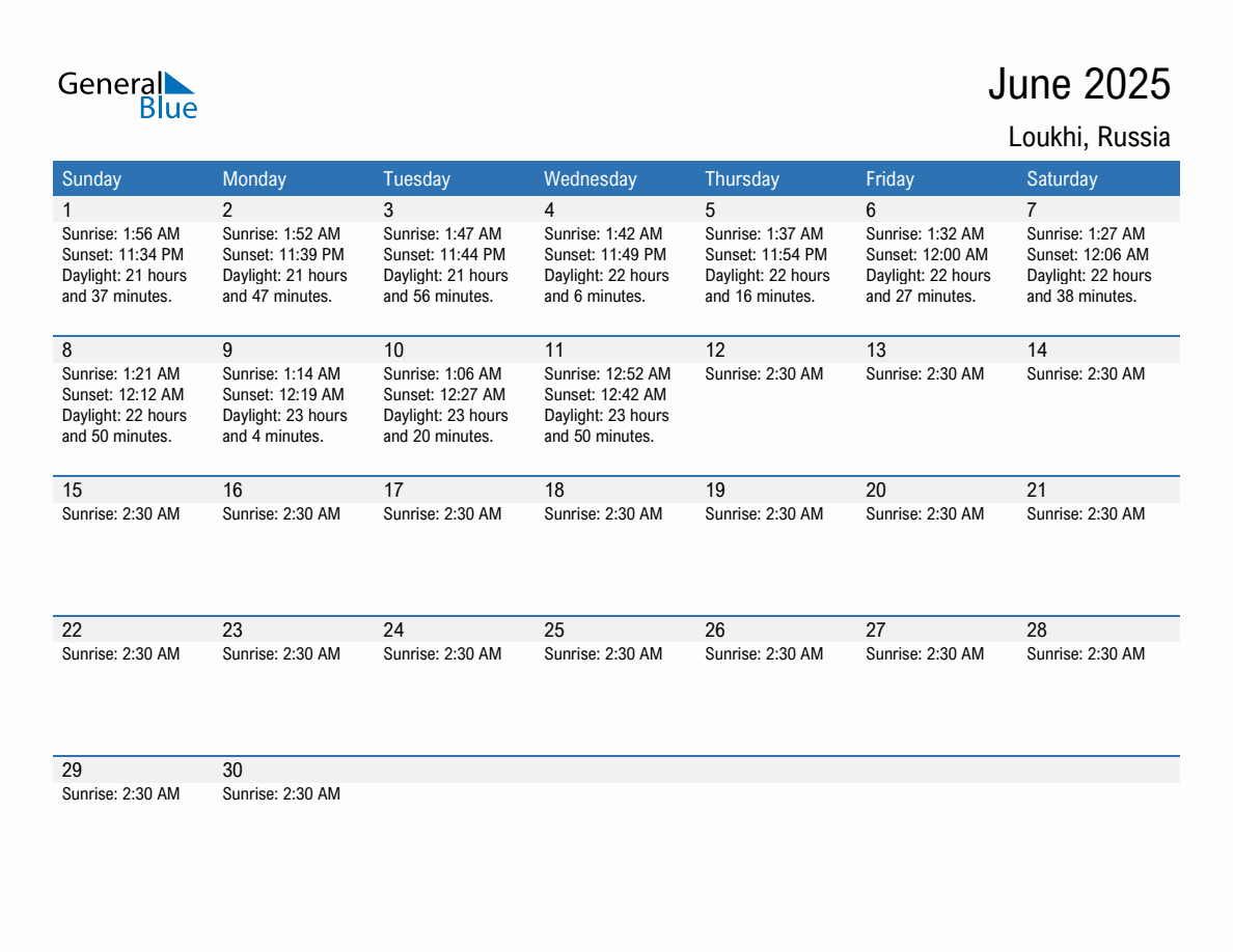 June 2025 sunrise and sunset calendar for Loukhi