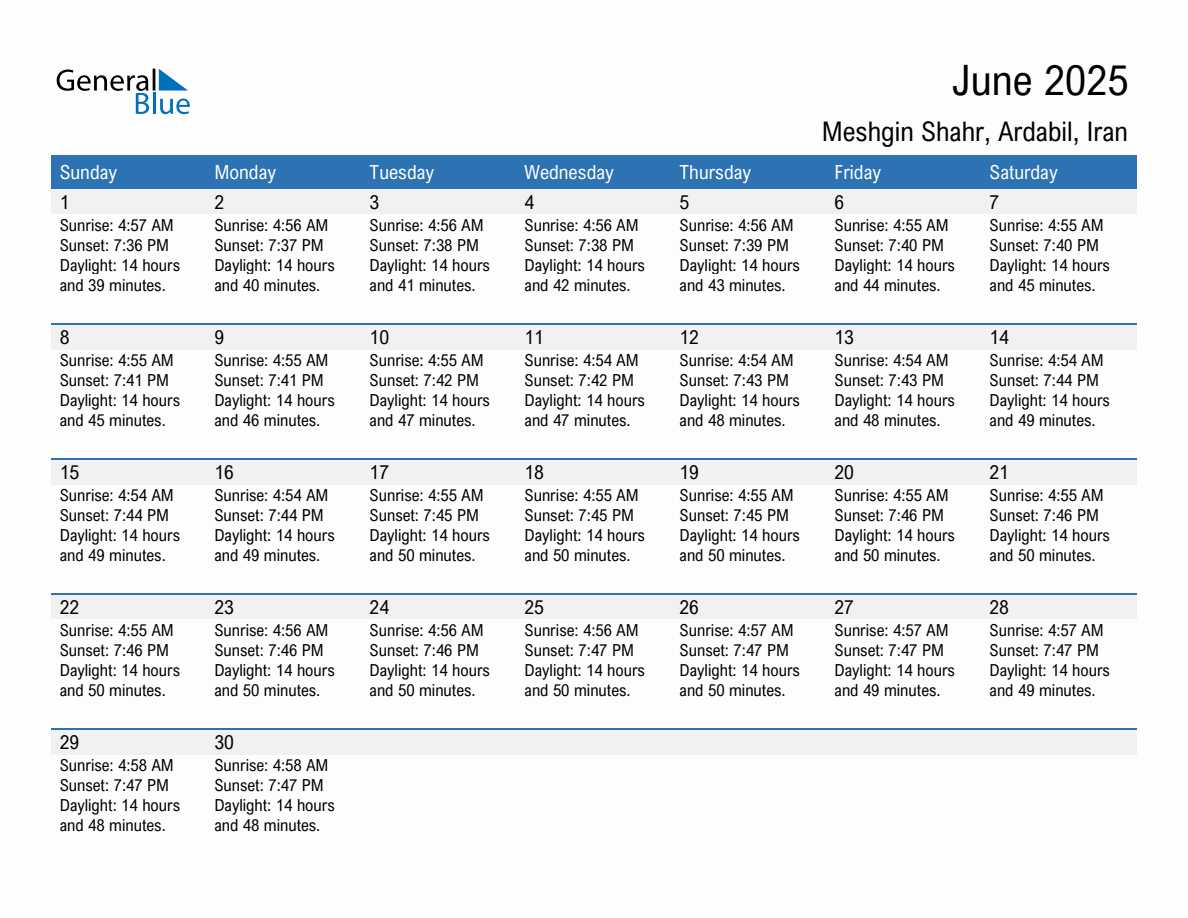 June 2025 sunrise and sunset calendar for Meshgin Shahr