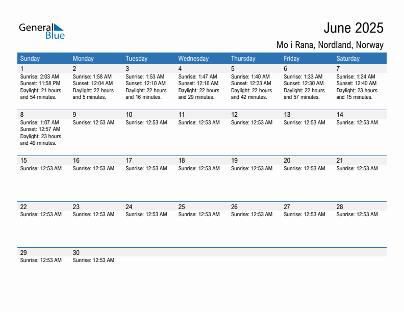 Mo i Rana June 2025 sunrise and sunset calendar in PDF, Excel, and Word