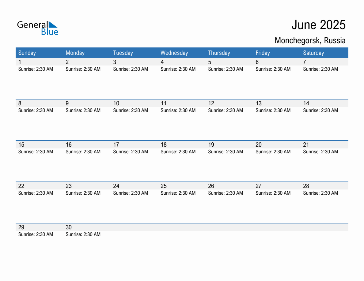 June 2025 sunrise and sunset calendar for Monchegorsk