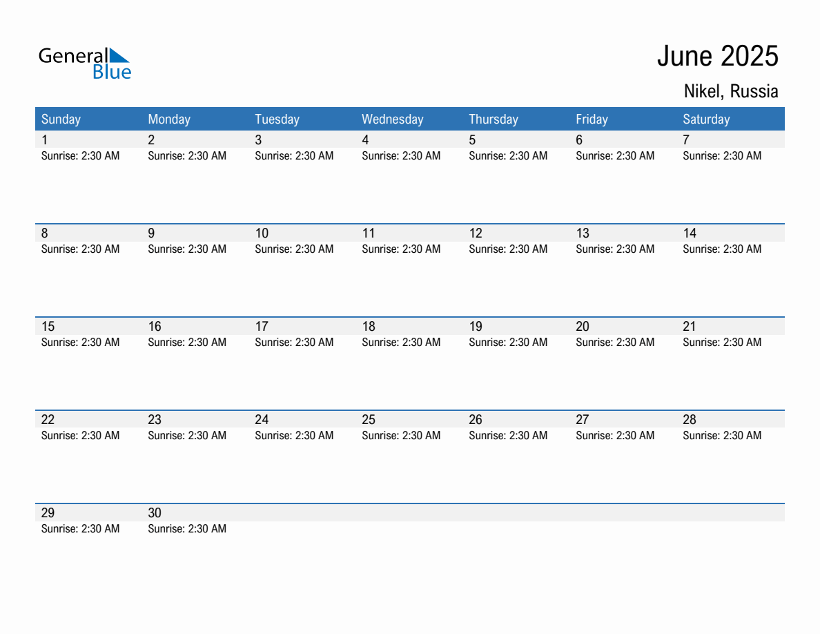 June 2025 sunrise and sunset calendar for Nikel