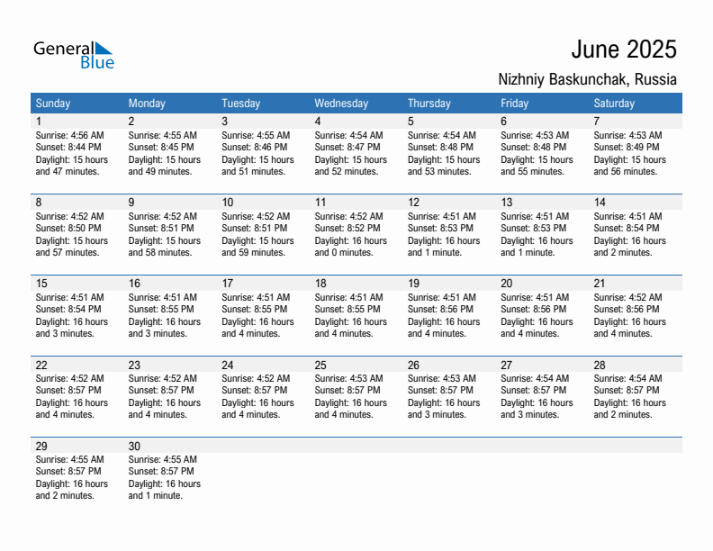 Nizhniy Baskunchak June 2025 sunrise and sunset calendar in PDF, Excel, and Word
