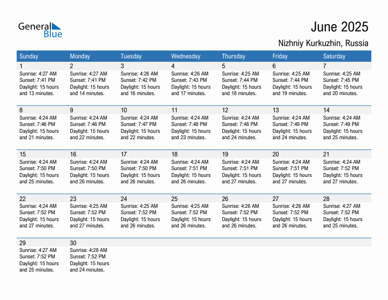 Nizhniy Kurkuzhin June 2025 sunrise and sunset calendar in PDF, Excel, and Word