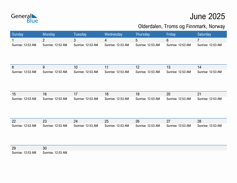 Olderdalen June 2025 sunrise and sunset calendar in PDF, Excel, and Word