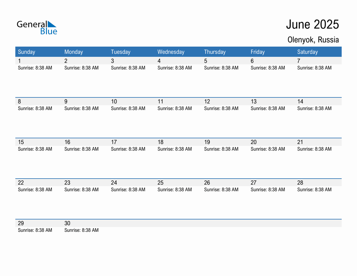 June 2025 sunrise and sunset calendar for Olenyok