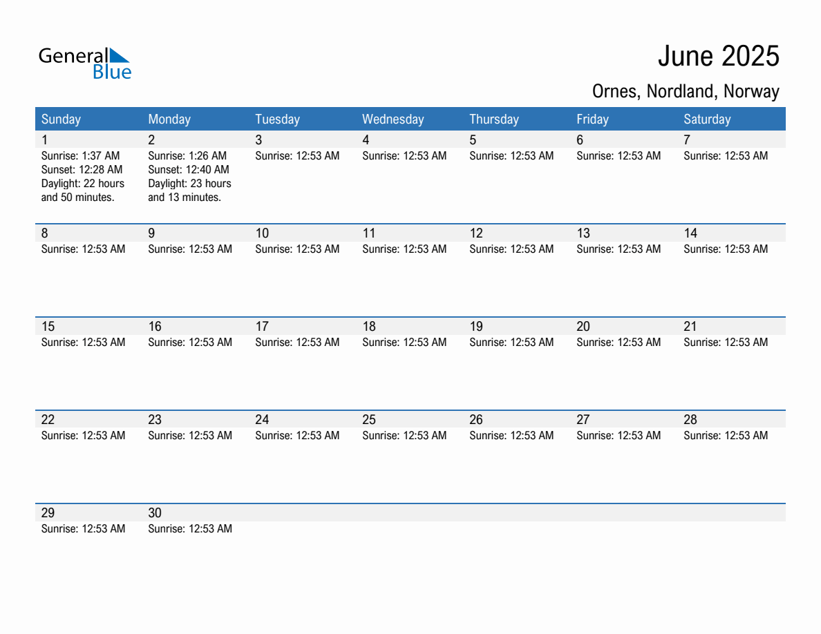 June 2025 sunrise and sunset calendar for Ornes