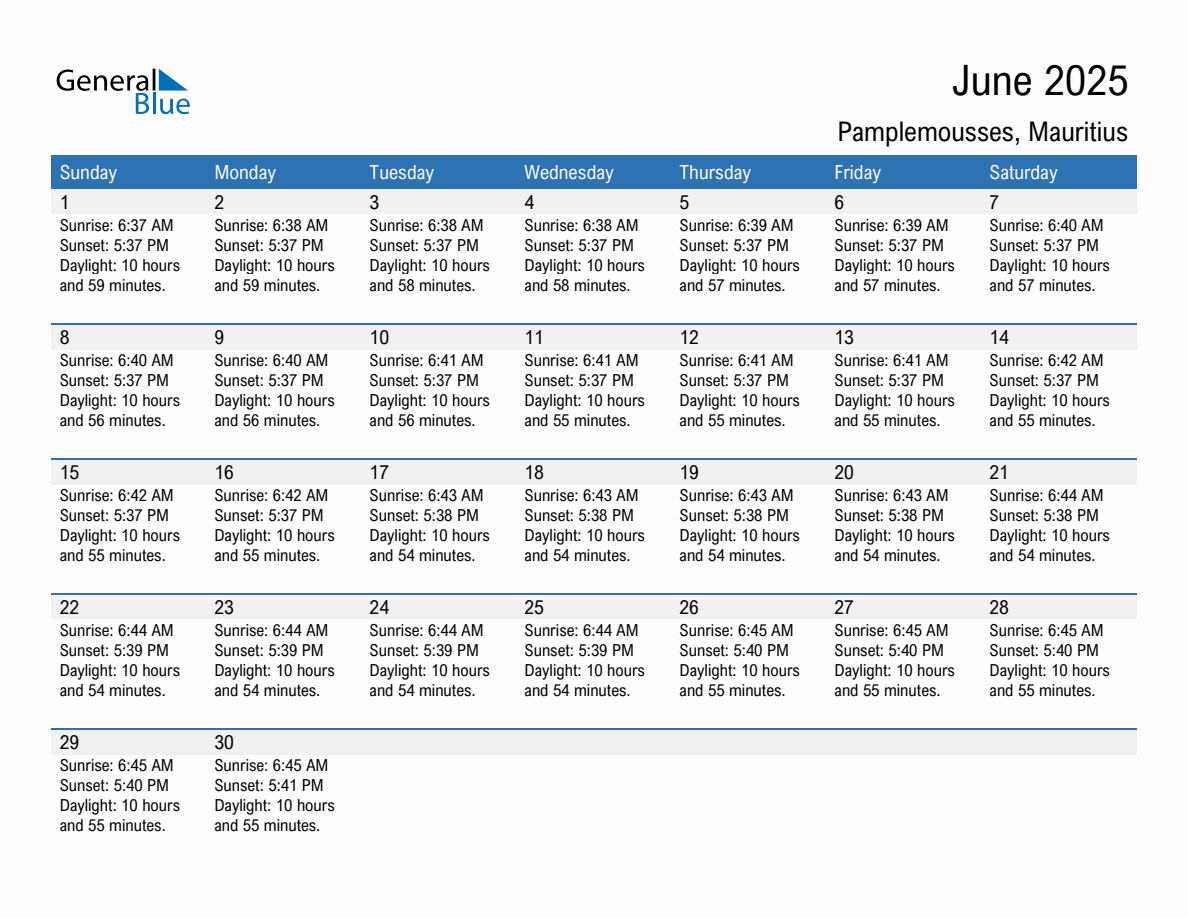 June 2025 sunrise and sunset calendar for Pamplemousses