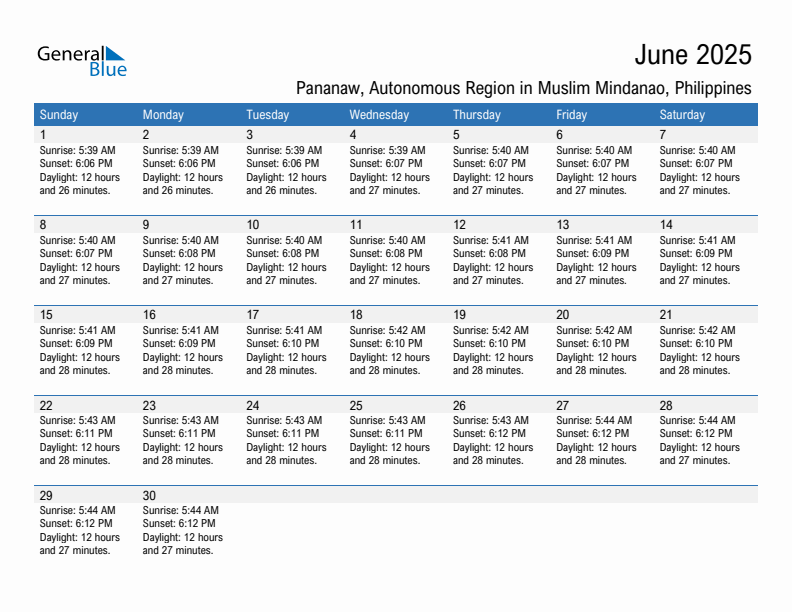 Pananaw June 2025 sunrise and sunset calendar in PDF, Excel, and Word