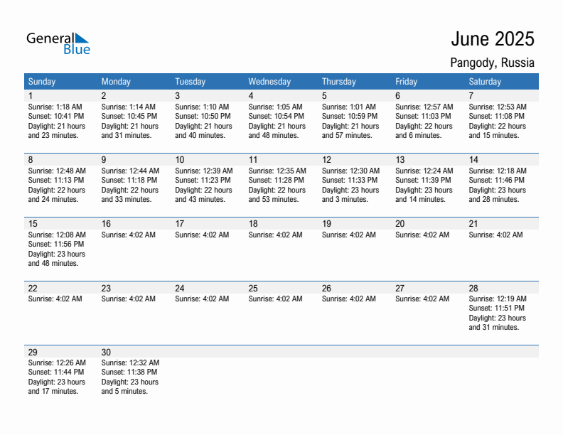Pangody June 2025 sunrise and sunset calendar in PDF, Excel, and Word