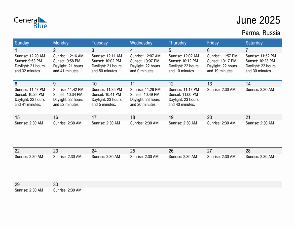 June 2025 sunrise and sunset calendar for Parma