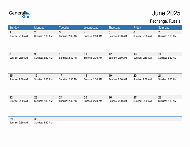 Pechenga June 2025 sunrise and sunset calendar in PDF, Excel, and Word