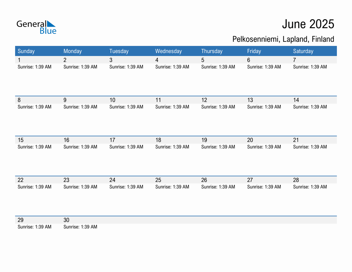 June 2025 sunrise and sunset calendar for Pelkosenniemi