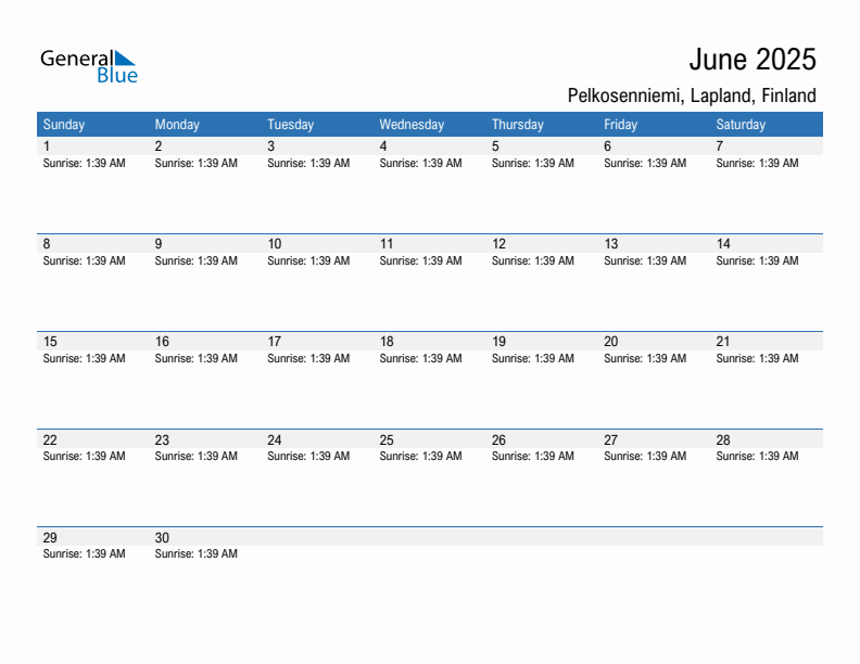 Pelkosenniemi June 2025 sunrise and sunset calendar in PDF, Excel, and Word
