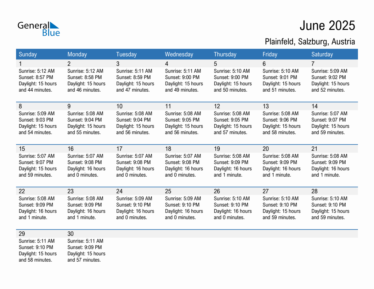 June 2025 sunrise and sunset calendar for Plainfeld