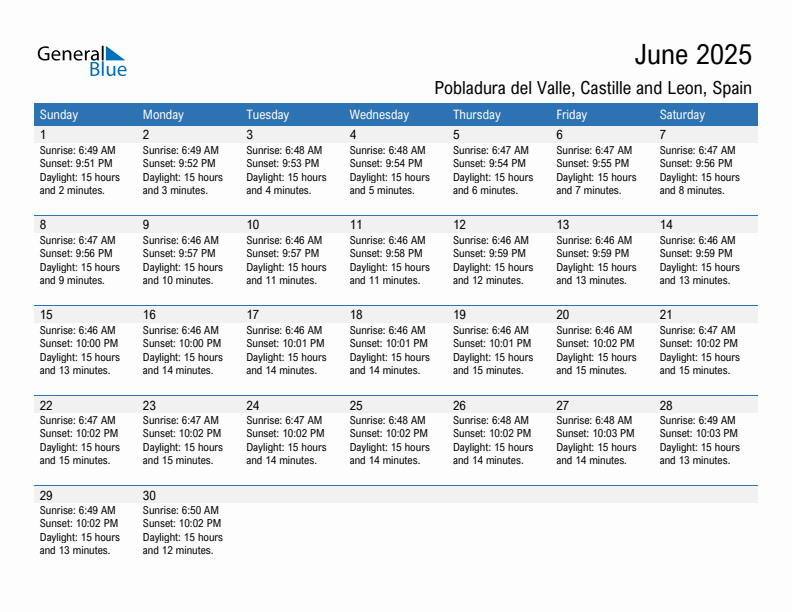 Pobladura del Valle June 2025 sunrise and sunset calendar in PDF, Excel, and Word