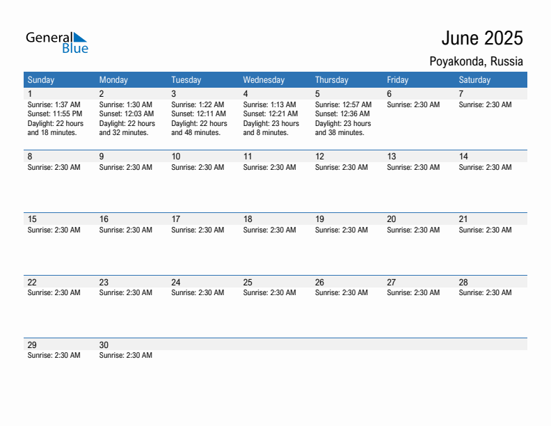 Poyakonda June 2025 sunrise and sunset calendar in PDF, Excel, and Word