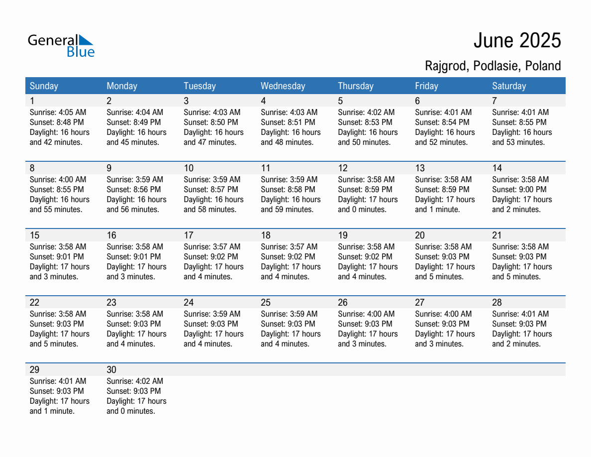 June 2025 sunrise and sunset calendar for Rajgrod