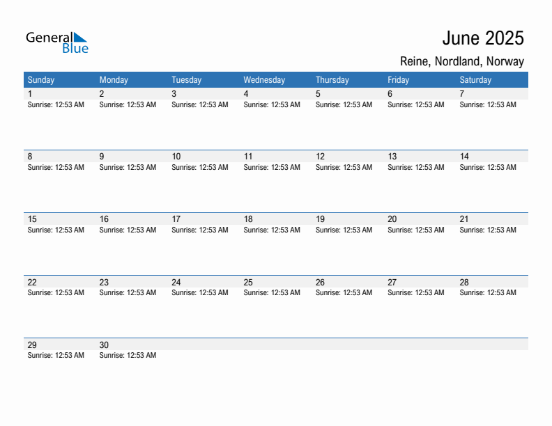 Reine June 2025 sunrise and sunset calendar in PDF, Excel, and Word