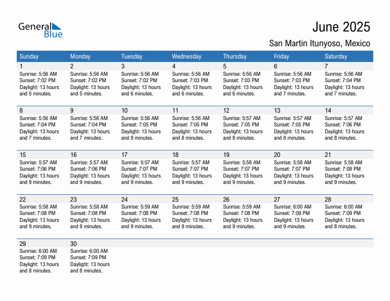 San Martin Itunyoso June 2025 sunrise and sunset calendar in PDF, Excel, and Word