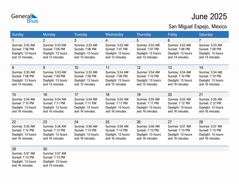 San Miguel Espejo June 2025 sunrise and sunset calendar in PDF, Excel, and Word
