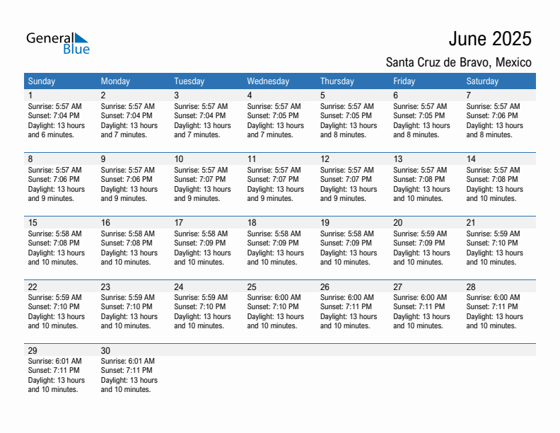 Santa Cruz de Bravo June 2025 sunrise and sunset calendar in PDF, Excel, and Word