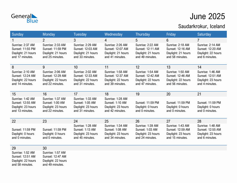 Saudarkrokur June 2025 sunrise and sunset calendar in PDF, Excel, and Word