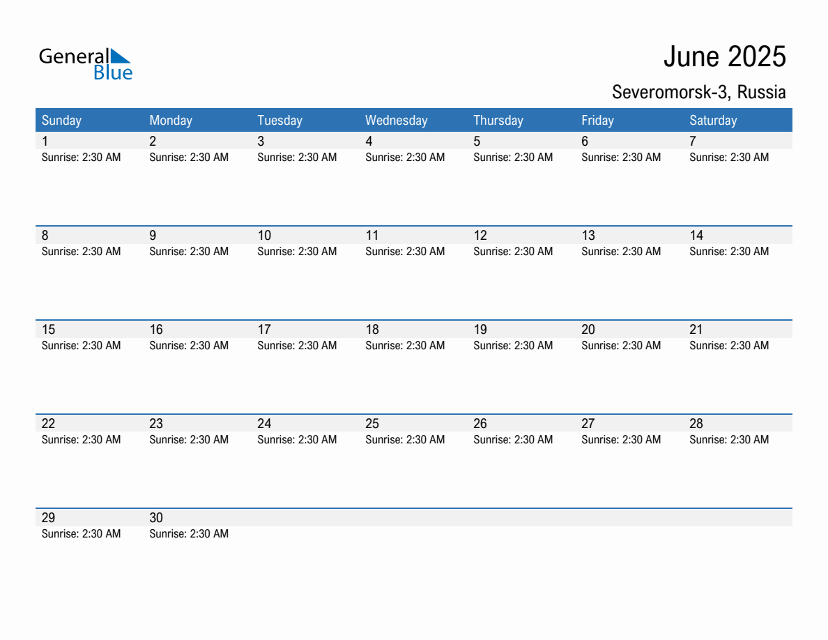 June 2025 sunrise and sunset calendar for Severomorsk-3