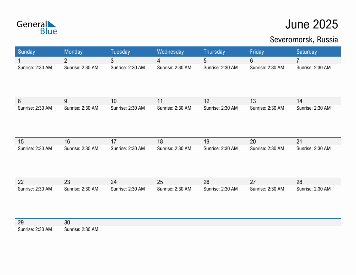 June 2025 sunrise and sunset calendar for Severomorsk