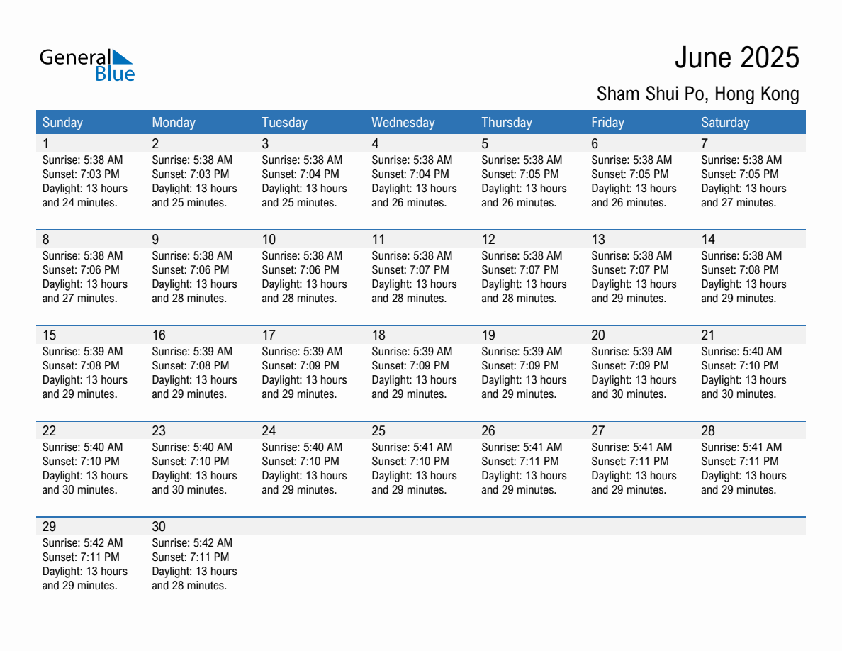 June 2025 sunrise and sunset calendar for Sham Shui Po