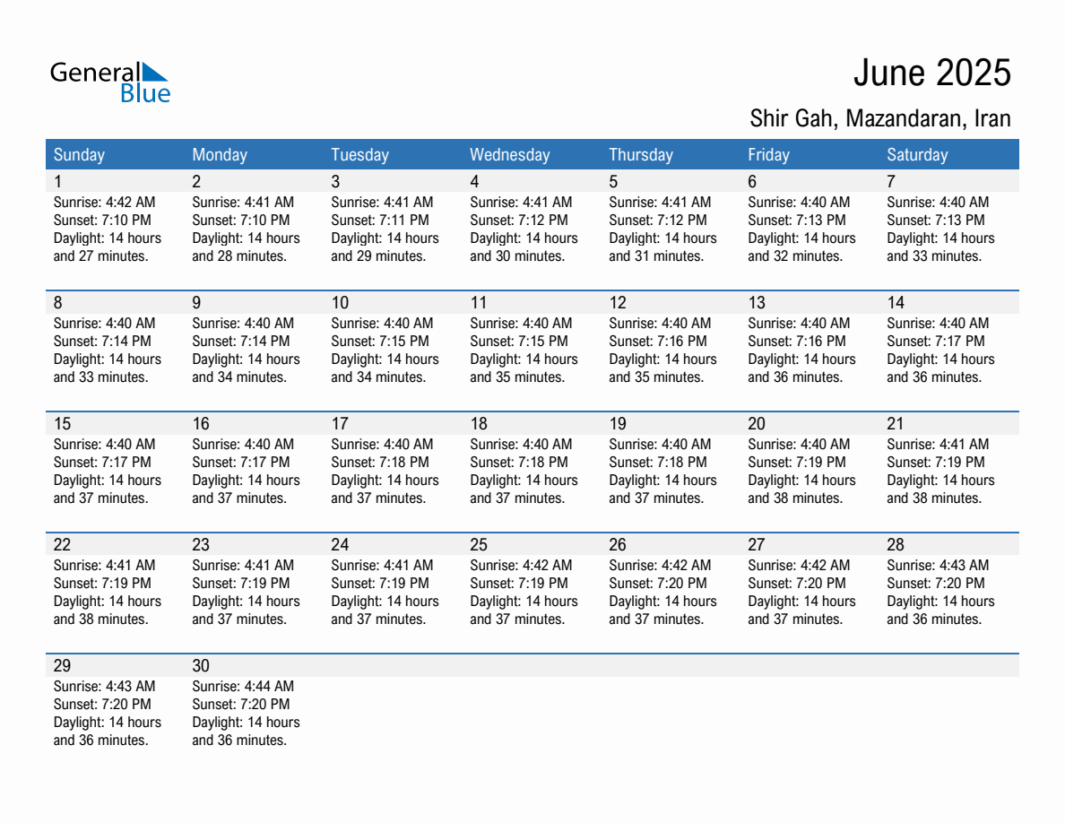 June 2025 sunrise and sunset calendar for Shir Gah