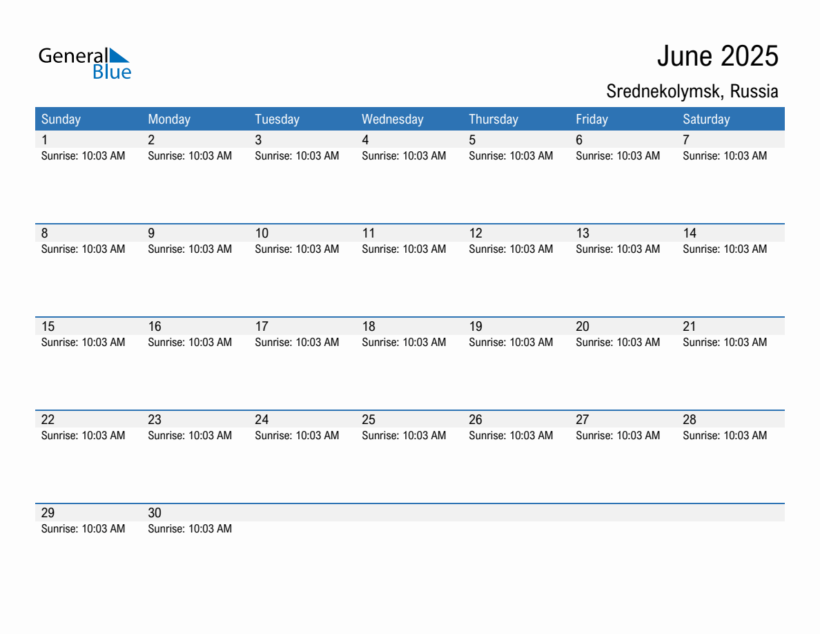 June 2025 sunrise and sunset calendar for Srednekolymsk