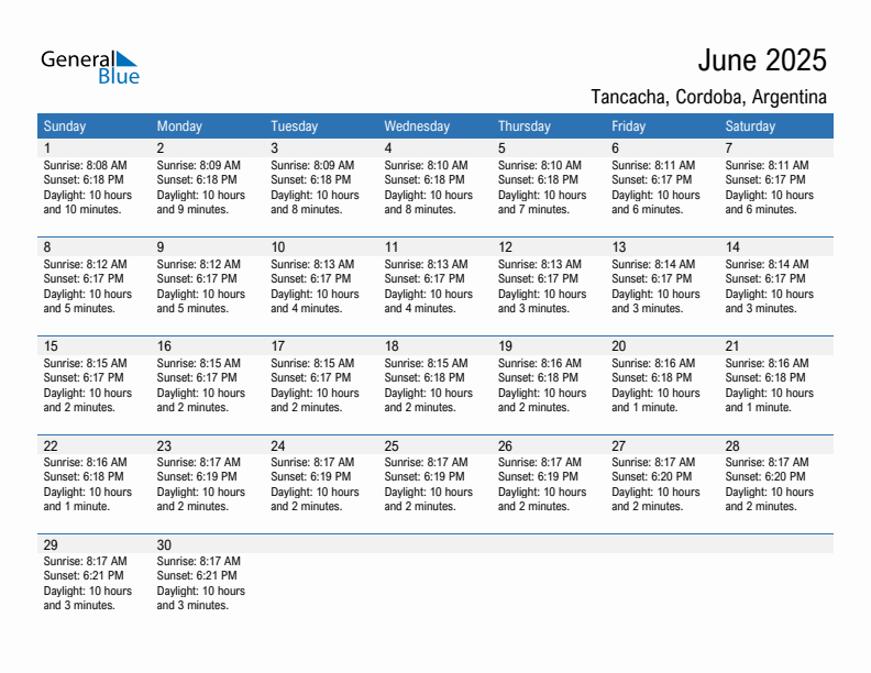 Tancacha June 2025 sunrise and sunset calendar in PDF, Excel, and Word