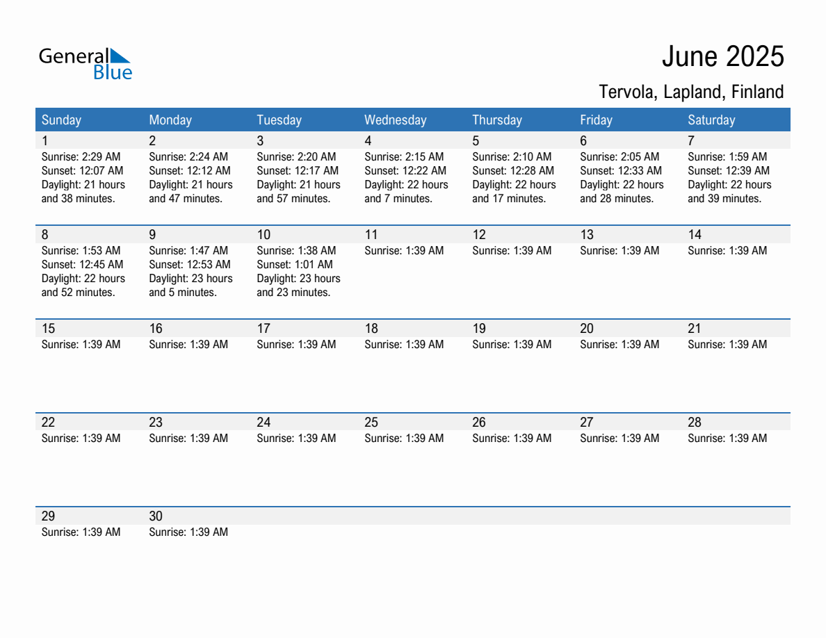 June 2025 sunrise and sunset calendar for Tervola