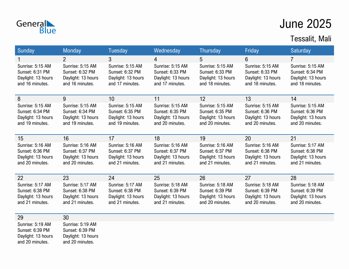 June 2025 sunrise and sunset calendar for Tessalit