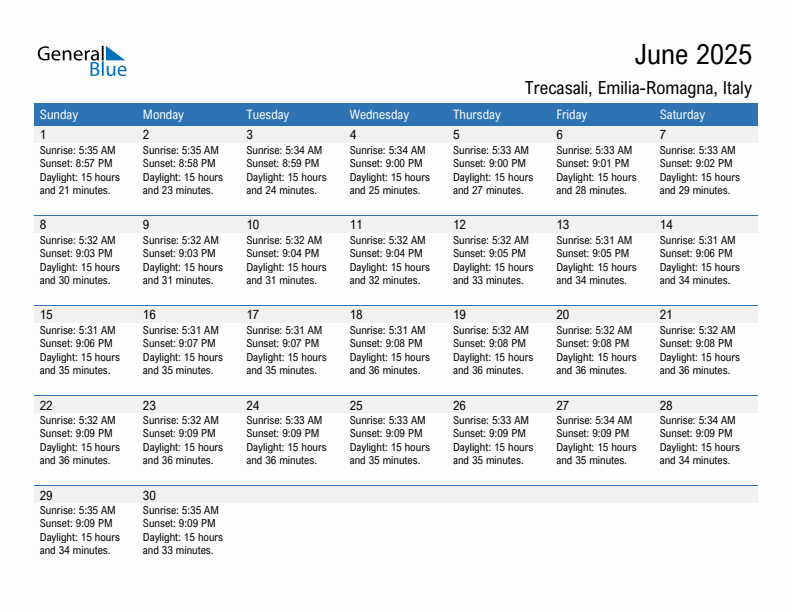 Trecasali June 2025 sunrise and sunset calendar in PDF, Excel, and Word