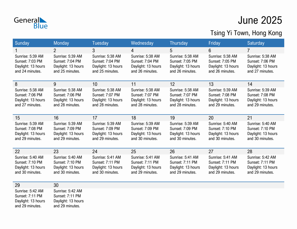 June 2025 sunrise and sunset calendar for Tsing Yi Town