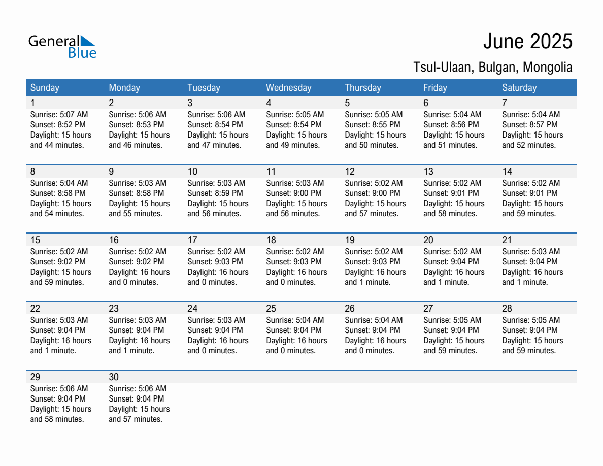 June 2025 sunrise and sunset calendar for Tsul-Ulaan