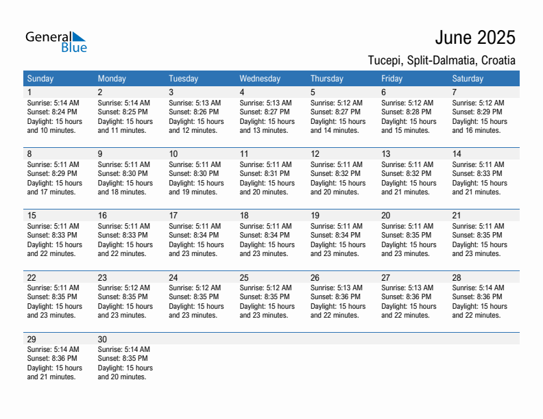 Tucepi June 2025 sunrise and sunset calendar in PDF, Excel, and Word