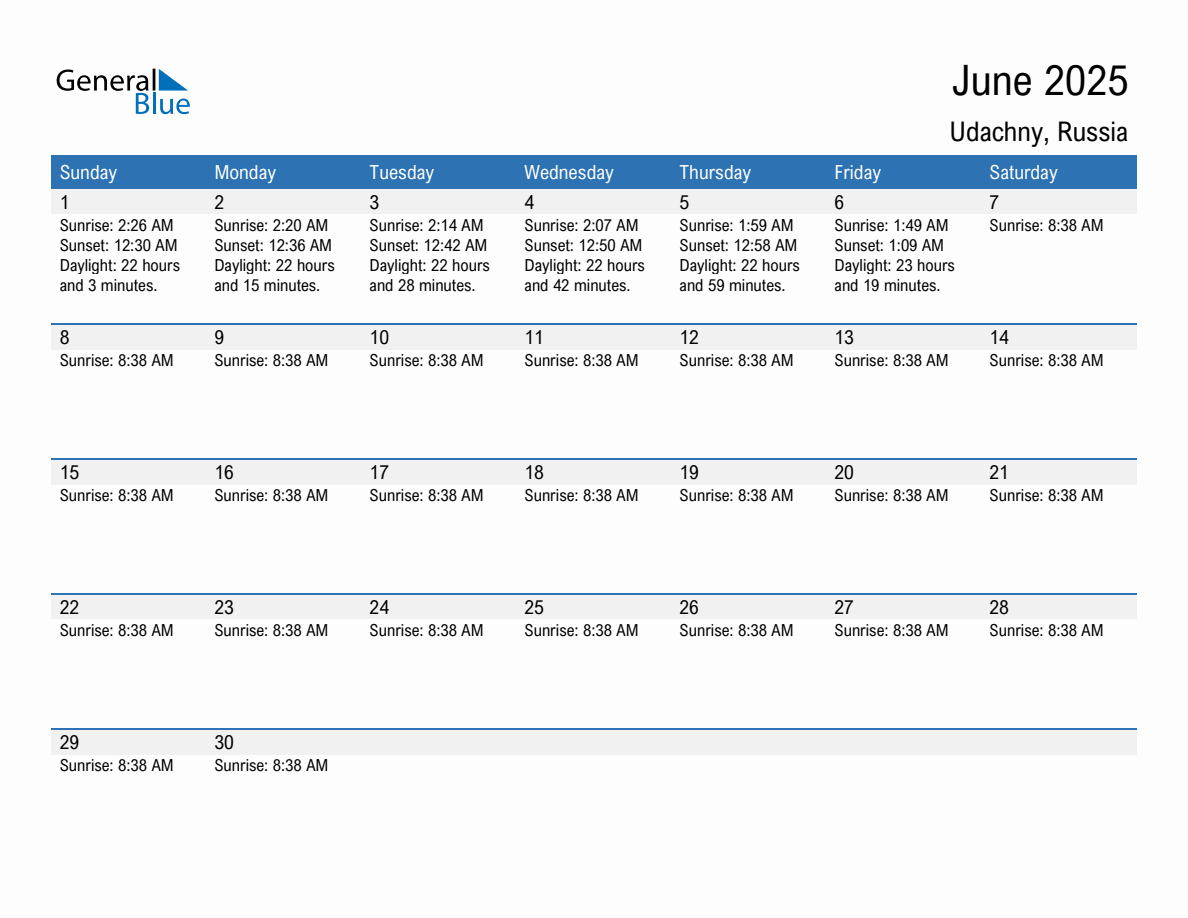 June 2025 sunrise and sunset calendar for Udachny