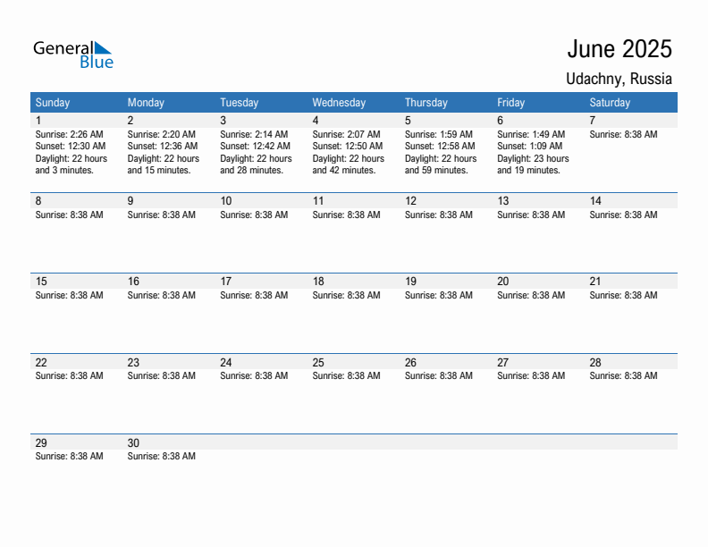 Udachny June 2025 sunrise and sunset calendar in PDF, Excel, and Word