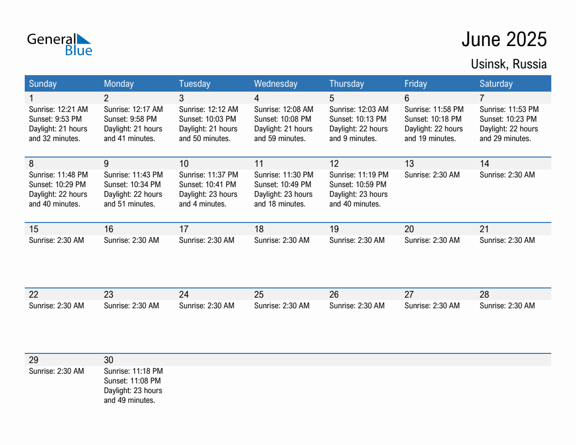 June 2025 sunrise and sunset calendar for Usinsk